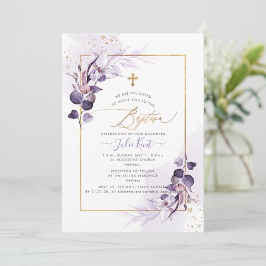 PixDezines H2 Dusty Lila Gum Eukalyptus Taufe Einladung (Stehend Vorderseite)