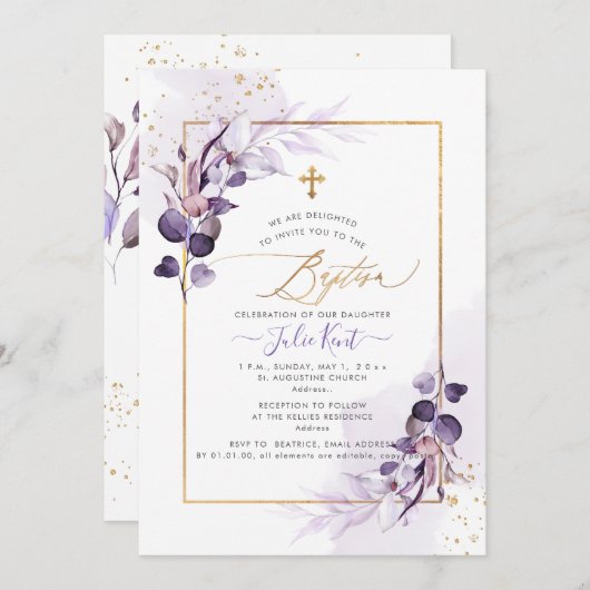 PixDezines H2 Dusty Lila Gum Eukalyptus Taufe Einladung (Vorne/Hinten)