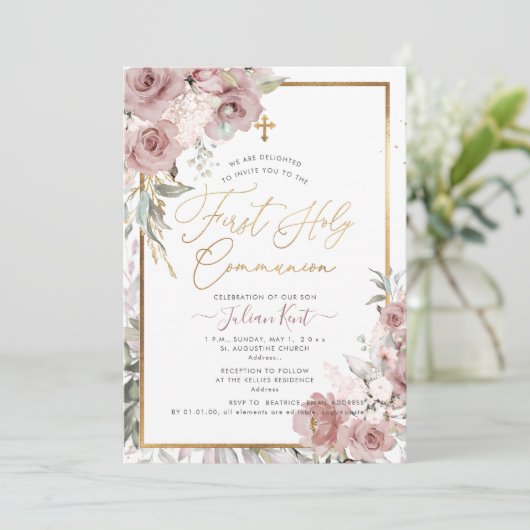 PixDezines H2 Dusty Rose Erste Heilige Kommune Einladung (Stehend Vorderseite)