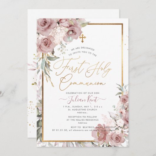 PixDezines H2 Dusty Rose Erste Heilige Kommune Einladung (Vorne/Hinten)