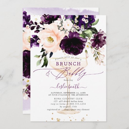 PixDezines H2 Eggplant Peonies Rose BrunchBubbly Einladung (Vorne/Hinten)