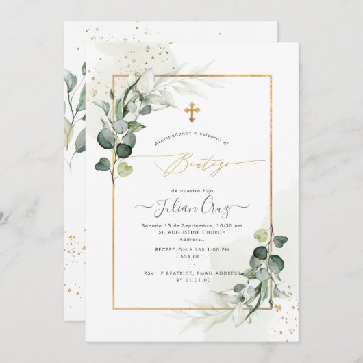 PixDezines H2 Eucalyptus Bautizo Einladung (Vorne/Hinten)