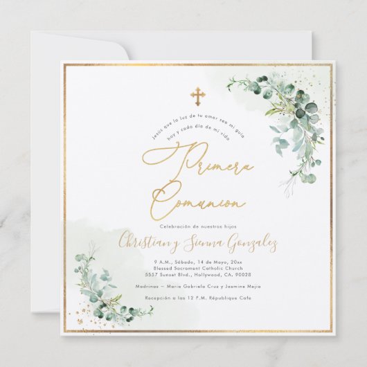 PixDezines H2 Eukalyptus Primera Comunion Einladung (Vorderseite)