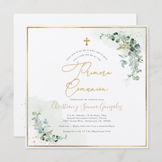 PixDezines H2 Eukalyptus Primera Comunion Einladung (Vorne/Hinten)