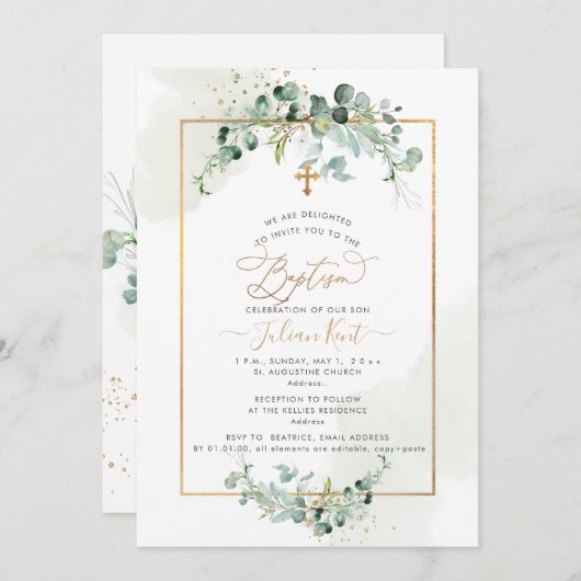 PixDezines H2 Eukalyptus Taufe Einladung (Vorne/Hinten)