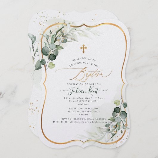 PixDezines H2 Eukalyptus Taufe Einladung (Vorne/Hinten)