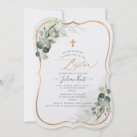 PixDezines H2 Eukalyptus Taufe Einladung (Vorderseite)