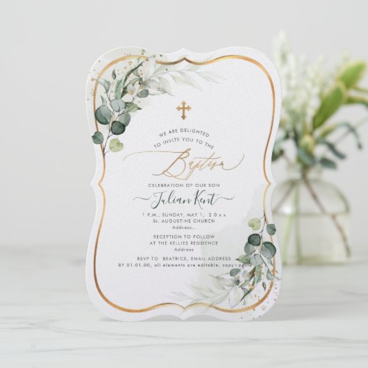 PixDezines H2 Eukalyptus Taufe Einladung (Stehend Vorderseite)