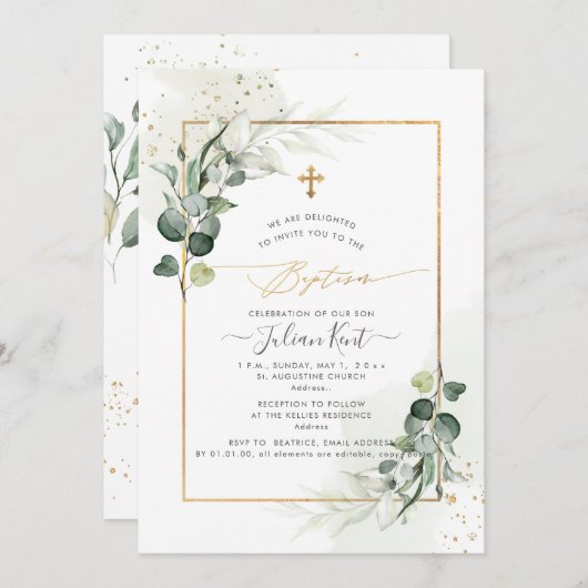 PixDezines H2 Eukalyptus Taufe Einladung (Vorne/Hinten)