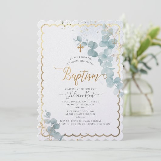 PixDezines H2 Eukalyptus Taufen Einladung (Stehend Vorderseite)