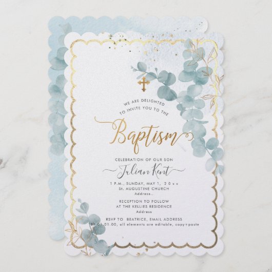 PixDezines H2 Eukalyptus Taufen Einladung (Vorne/Hinten)