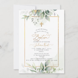 PixDezines H2 Green Gold Eucalyptus Baptism Einladung