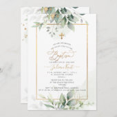 PixDezines H2 Green Gold Eucalyptus Baptism Einladung (Vorne/Hinten)