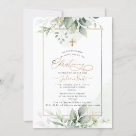 PixDezines H2 Green Gold Eucalyptus Christening Einladung