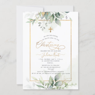 PixDezines H2 Green Gold Eucalyptus Christening Einladung
