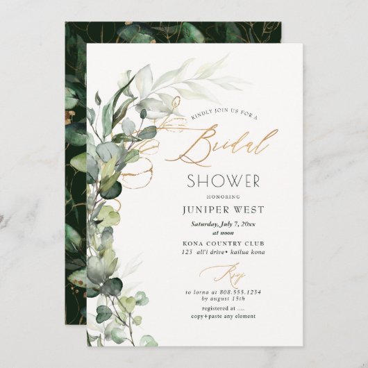 PixDezines H2 Green Gold Eukalyptus Brautparty Einladung (Vorne/Hinten)