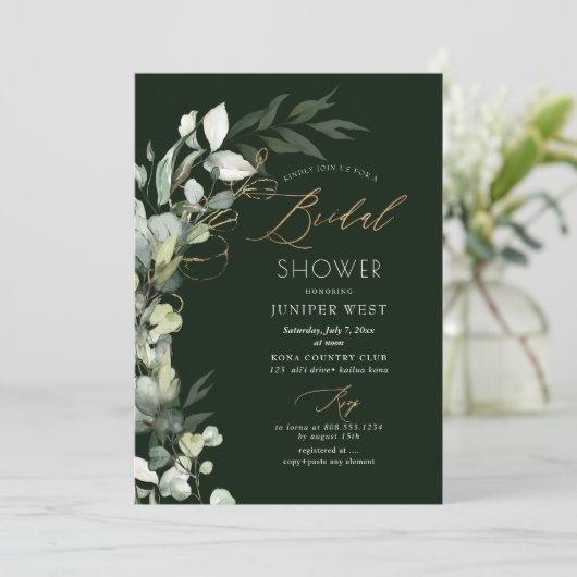 PixDezines H2 Green Gold Eukalyptus Brautparty Einladung (Stehend Vorderseite)