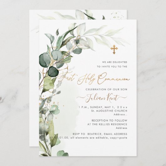 PixDezines H2 Greenery Gum Foliage First Commumion Einladung (Vorne/Hinten)