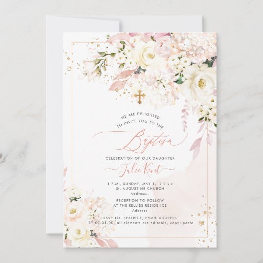 PixDezines H2 Hydrangeas Blush Rose Taufe Einladung (Vorderseite)