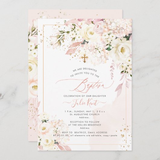 PixDezines H2 Hydrangeas Blush Rose Taufe Einladung (Vorne/Hinten)