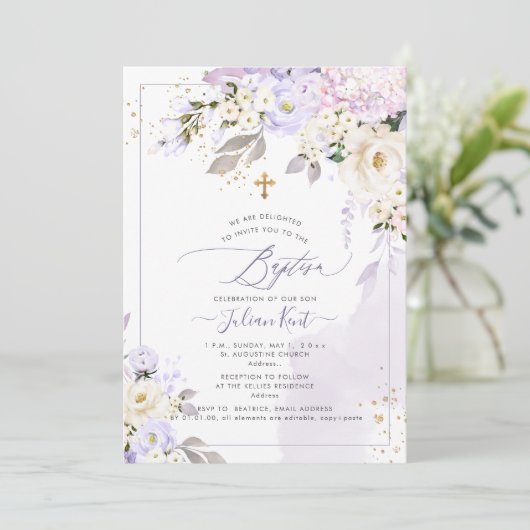 PixDezines H2 Hydrangeas Creme Rose Taufe Einladung (Stehend Vorderseite)