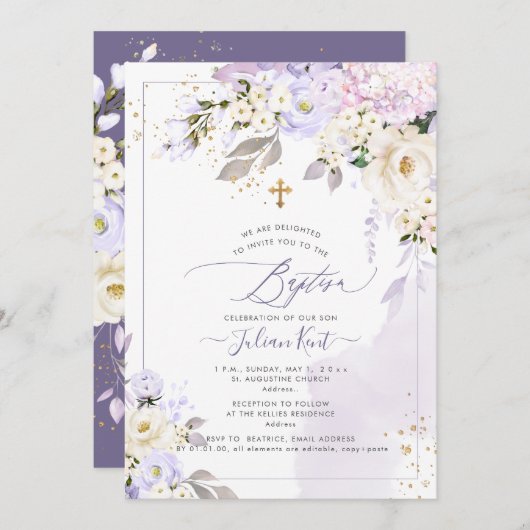 PixDezines H2 Hydrangeas Creme Rose Taufe Einladung (Vorne/Hinten)