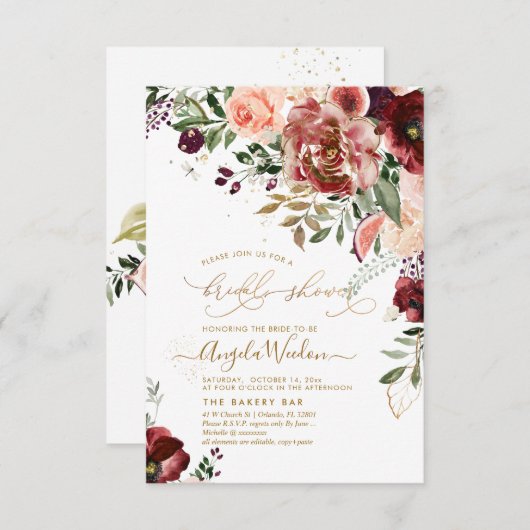 PixDezines H2 Marsala Roter Herbst Brautparty Einladung (Vorne/Hinten)