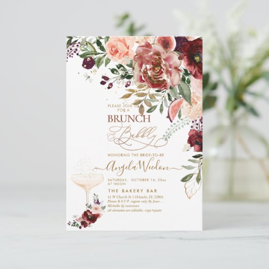 PixDezines H2 Marsala Roter Herbstbrunch & Bubbly Einladung (Stehend Vorderseite)