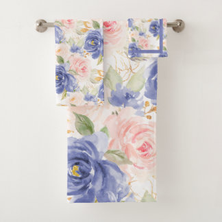 PixDezines H2 Mittelmeerblau Rosa Rosen   Badhandtuch Set