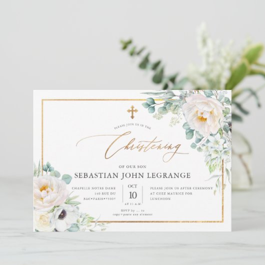 PixDezines H2 Peonies Eukalyptus Christening Einladung (Stehend Vorderseite)