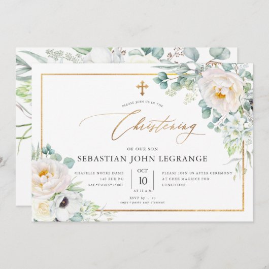 PixDezines H2 Peonies Eukalyptus Christening Einladung (Vorne/Hinten)