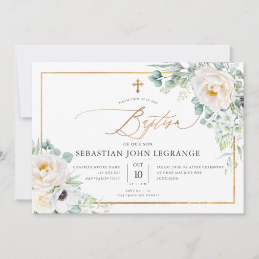 PixDezines H2 Peonies Eukalyptus Taufe Einladung (Vorderseite)