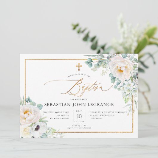 PixDezines H2 Peonies Eukalyptus Taufe Einladung (Stehend Vorderseite)