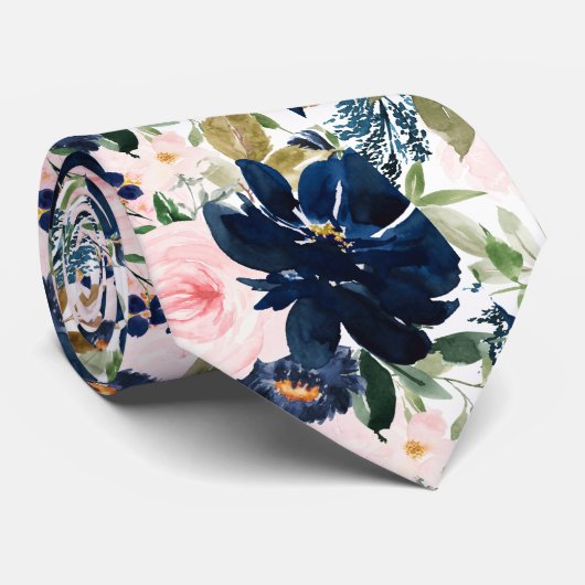 PixDezines H2 Rosarot Navy Blumen Krawatte (Gerollt)
