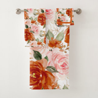PixDezines H2 Rost Orange und Blush Pink Rosen   Badhandtuch Set