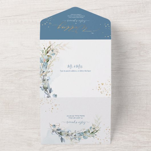 PixDezines H2 Rustic Dusty Blue Eucalyptus Gold All In One Einladung (Außenbereich)