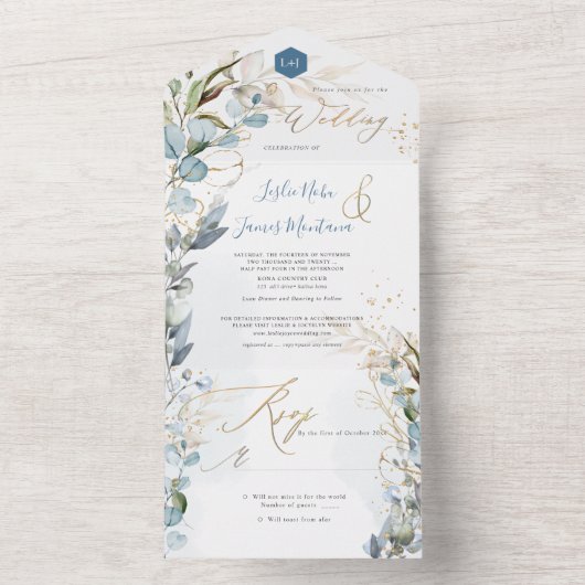 PixDezines H2 Rustic Dusty Blue Eucalyptus Gold All In One Einladung (Innen Boden)