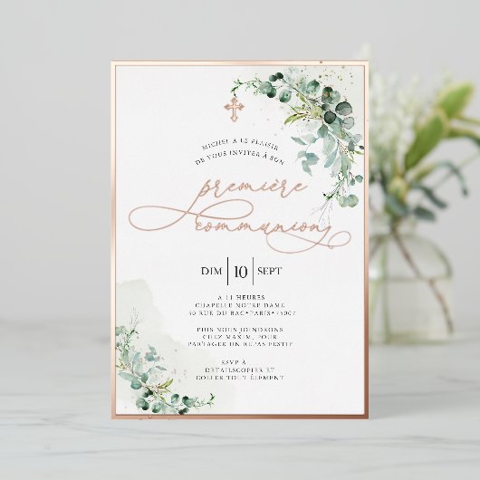 PixDezines H2 Rustic Eucalyptus Première Communion Folieneinladung (Stehend vorne)