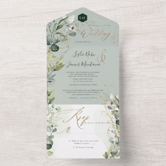 PixDezines H2 Rustic Gum Eucalyptus Green Gold Al All In One Einladung (Innen Boden)