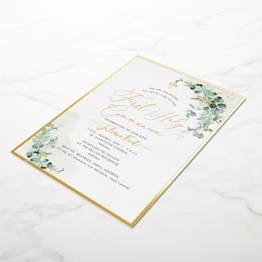 PixDezines H2 Rustikale Eukalyptus Erste Kommune Folieneinladung (Gedreht)