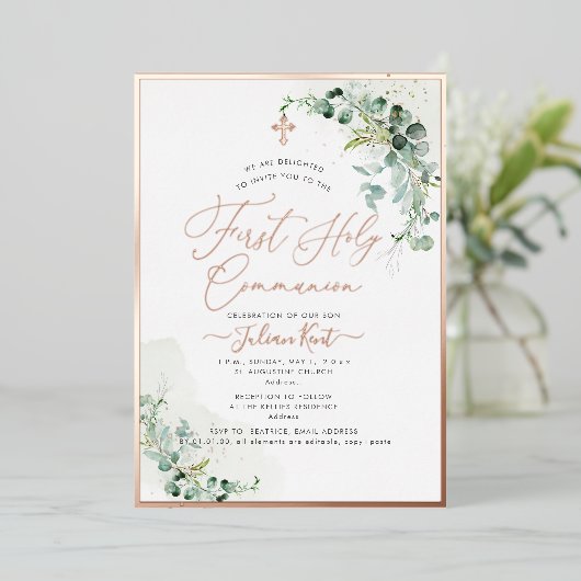 PixDezines H2 Rustikale Eukalyptus Erste Kommune Folieneinladung (Stehend vorne)