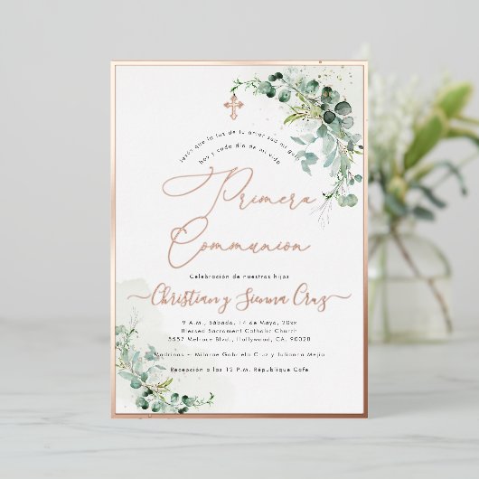 PixDezines H2 Rustikale Eukalyptus Primera Kommuni Folieneinladung (Stehend vorne)