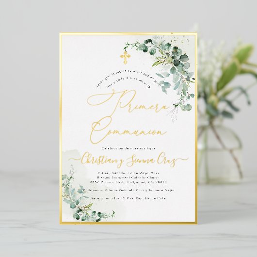 PixDezines H2 Rustikale Eukalyptus Primera Kommuni Folieneinladung (Stehend vorne)