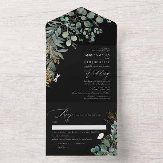 PixDezines H2 Rustikaler Grüner Goldgummi Eukalypt All In One Einladung (Innen Boden)