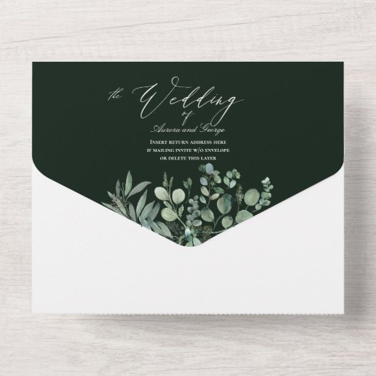 PixDezines H2 Rustikaler Grüner Goldgummi Eukalypt All In One Einladung (Rückseite)