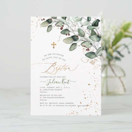 PixDezines H2 Rustikaler Kaugummi Eukalyptus Taufe Einladung (Stehend Vorderseite)