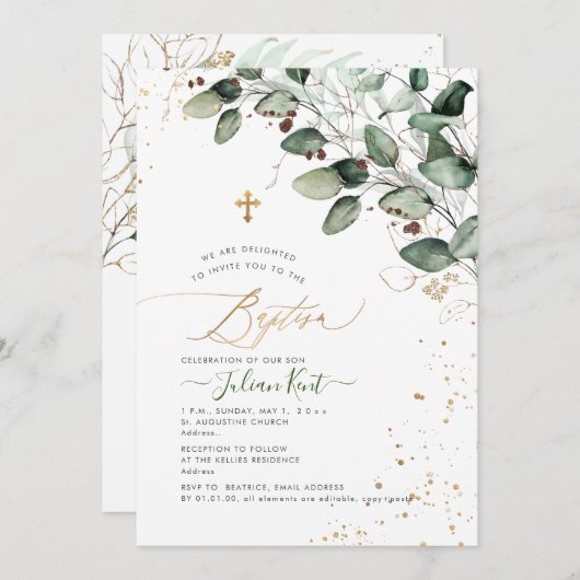 PixDezines H2 Rustikaler Kaugummi Eukalyptus Taufe Einladung (Vorne/Hinten)