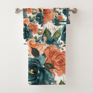 PixDezines H2 Tealgrün Blassrosa Rosen   Badhandtuch Set
