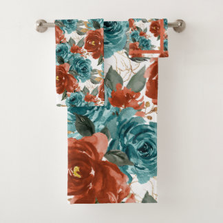 PixDezines H2 Tealgrün Blassrosa Rosen   Badhandtuch Set