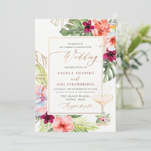 PixDezines H2 Tropical Paradise Brunch Bubbly Einladung (Stehend Vorderseite)